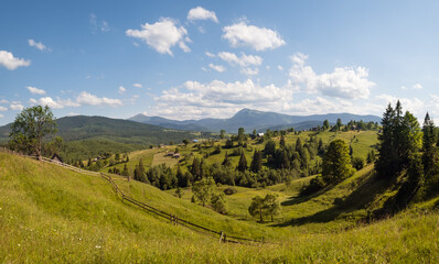 Summer Chornohora massiv mountains scenery view from Sevenei hill (near Yablunytsia pass, Carpathians, Ukraine.)