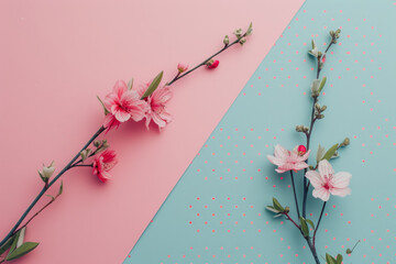 Aesthetic floral background in soft pastel pink, peach, light blue and dark navy. The concept of spring, nature, beauty.