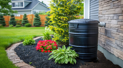 Fototapeta na wymiar Generative AI, rainwater harvesting system in the garden with barrel, ecological concept for plants watering, reusing water concept