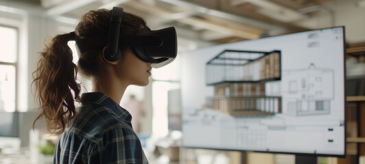 In a sleek design studio, architects use virtual reality technology to visualize and refine architectural designs, offering clients immersive experiences before construction begins - obrazy, fototapety, plakaty