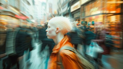 Amidst a sea of bustling bodies, a boldly dressed woman with a shaved head stands out in her orange attire, her blurred surroundings only enhancing her unique sense of individuality and confidence on