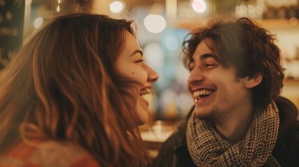Two friends share a moment of pure joy and connection, their smiling faces framed by cascading hair and stylish clothing, radiating love and happiness in an indoor setting