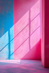 Abstract geometric background in magenta and blue. Parts of buildings in daylight, sunny day.