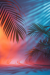 Fototapeta na wymiar Summer minimalist scene with palm tree against vibrant magenta and blue background. Travel, vacation, Mediterranean, sun.