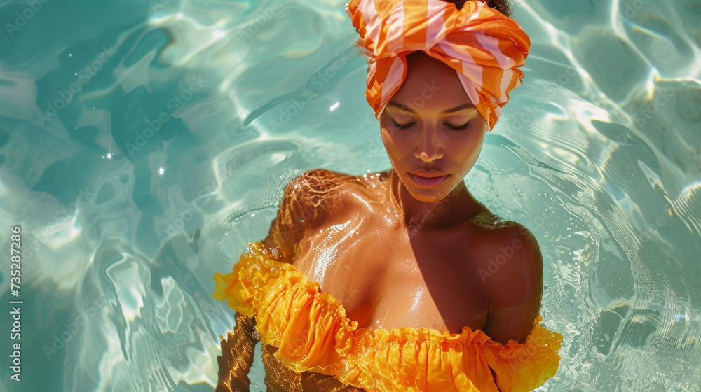Poster take a dip in the ocean in a highwaisted with a ruffled offtheshoulder top and accessorize with a co