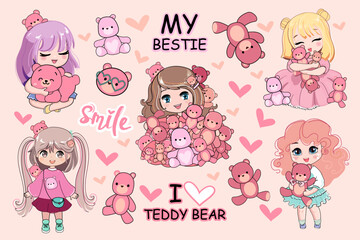 Cute collection with cartoon Funny Chibi little girl  in anime style with pink teddy bear toys. Kawaii style. Vector illustration t-shirt print