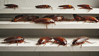  A lot of cockroaches are sitting on a white wooden shelf. The German cockroach. Cockroach