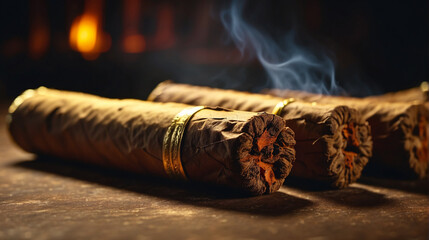 Cuban cigars on wooden table. Soft focus. Smoking cigars - obrazy, fototapety, plakaty