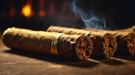 Fotobehang Cuban cigars on wooden table. Soft focus. Smoking cigars © Svetlana