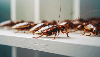  A lot of cockroaches are sitting on a white wooden shelf. The German cockroach. Cockroach