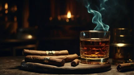 Zelfklevend Fotobehang Cuban cigars and a glass of whiskey at the bar. Cigars on dark background. Free space for text © Svetlana