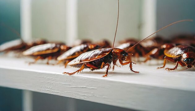  A lot of cockroaches are sitting on a white wooden shelf. The German cockroach. Cockroach