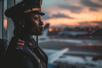 A stoic officer gazes out the window, her face reflecting both determination and uncertainty as she watches the clouds roll by in the sky above, her military uniform and peaked cap a symbol of her de - obrazy, fototapety, plakaty