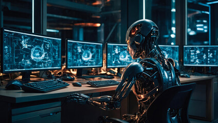 technological metallic humanoid in a server room working on computer - cybersecurity vulnerability and hacker malware concept