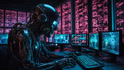 technological metallic humanoid in a server room working on computer - cybersecurity vulnerability...