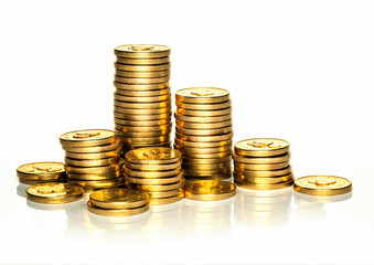 Stacks of gold coins on a white background Isolated investment gowth