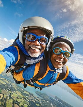 senior or elderly couple tandem skydiving