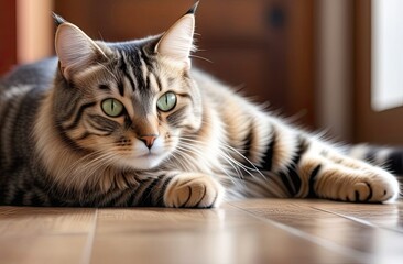 A tabby cat laying on the floor.