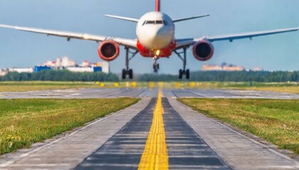 Fototapeta premium Pista de um aeroporto e ao fundo um avião se preparando para tocar o solo