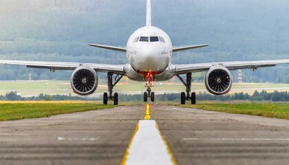 Pista de um aeroporto e ao fundo um avi&atilde;o se preparando para tocar o solo