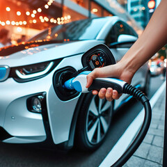 Close up of woman's hand charging an electric car in the city
