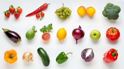 Generative AI : collection fruits and vegetables isolated on a white background - obrazy, fototapety, plakaty