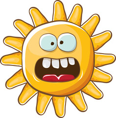 vector bright cartoon style summer sun character isolated on white background. Summer sun sticker and label isolated. funky kids summer character with eyes and mouth