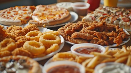 Generative AI : large table of assorted take out food such as pizza, french fries, onion rings, fried chicken and chicken wings