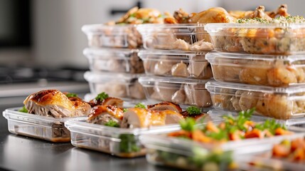 Generative AI : Meal prep. Stack of home cooked roast chicken dinners in containers ready to be frozen