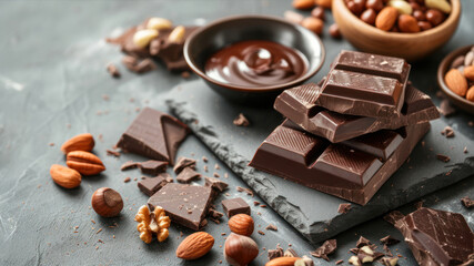 Composition with delicious chocolate pieces and nuts on grey background, closeup