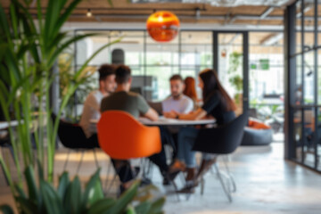 Blurred photo capturing the dynamic atmosphere of a modern open-plan office with people engaged in...