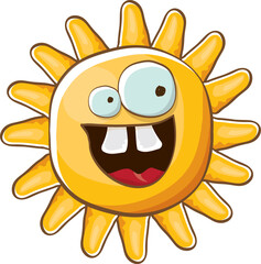 vector bright cartoon style summer sun character isolated on white background. Summer sun sticker and label isolated. funky kids summer character with eyes and mouth