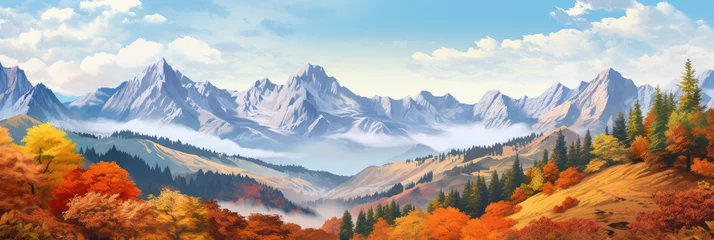 Poster Autumn landscape with mountains and lake. Autumn panoramic scene with beautiful nature and colors © Shaman4ik