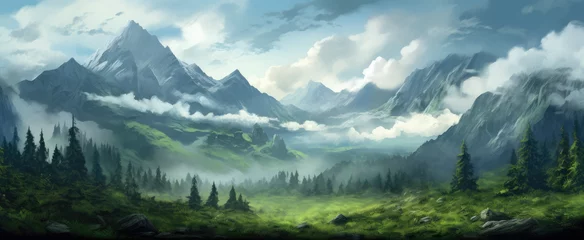 Crédence de cuisine en verre imprimé Everest Snowy Mountains in foggy clouds. Misty landscape with fir forest with high hills and mystery atmosphere