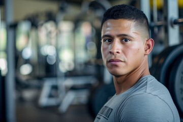 A determined man sweating in a crowded gym, pushing his limits with weight training equipment to build his strength and achieve physical fitness