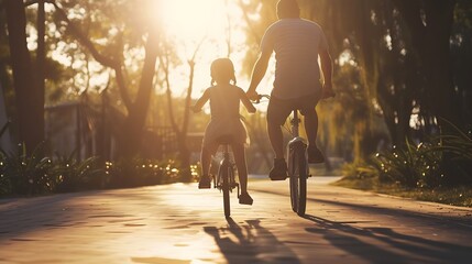 Generative AI : Father  teaches little child daughter ride bike park sunset.