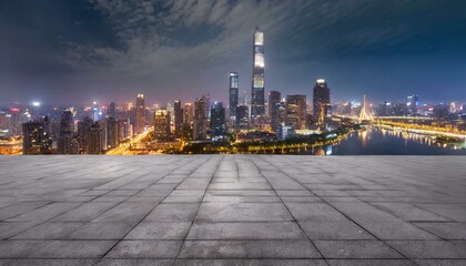  Concrete floor with cityscape and skyline background - obrazy, fototapety, plakaty