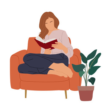 Young woman sitting in armchair, reading book. Relaxed girl book lover resting at cozy home. Bookworm spend time with literature. Flat vector illustration isolated on transparent background.
