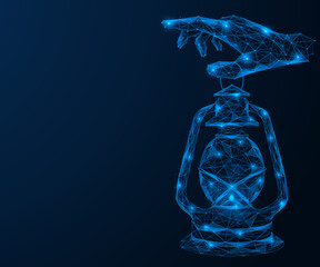 Hand holding a kerosene lamp on its finger indicates the direction. Polygonal design of interconnected lines and dots. Blue background.