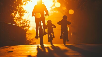 Generative AI : Biker family silhouette, father with two kids on bikes