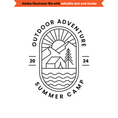 Summer camp logo with mountains and tent.