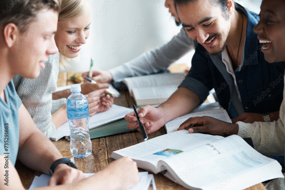 Poster Students, study and book with people learning for education and university, research and information. Scholarship, problem solving and analysis of academic course work with diversity on campus