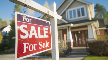 ed "For Sale" sign in focus with a blurred background of a residential house, suggesting that the property is on the market.