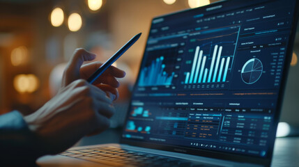 person's hand is holding a stylus over a laptop screen displaying various colorful data analytics and graphs.