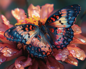 A butterfly with iridescent wings perched on a vibrant flower morning dew