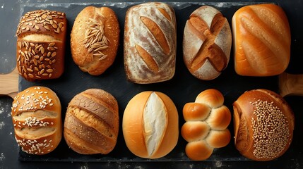 Generative AI : Different kinds of bread rolls on black board from above. Kitchen or bakery poster design.