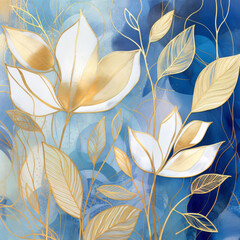 Elegant White Floral Art on Blue Background with Golden Leaves