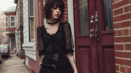 For a feminine take on emo style pair a flowy black dress with a studded belt and combat boots for a perfect contrast of edgy and delicate. - obrazy, fototapety, plakaty