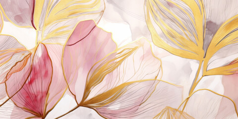 Abstract Art Background with Pink and Gold Luxury Minimal Style Leaves