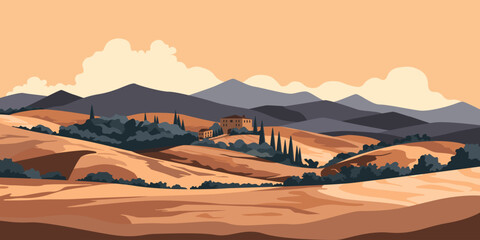 Tuscany hills landscape view. Italian countryside panorama with olive trees, old farmhouses and cypress at sunset. Rural panoramic scenery background. Vector illustration